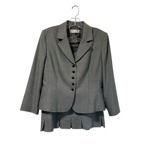 Tahari ASL skirt suit women’s 10P gray herringbone stretch pleated peplum preppy